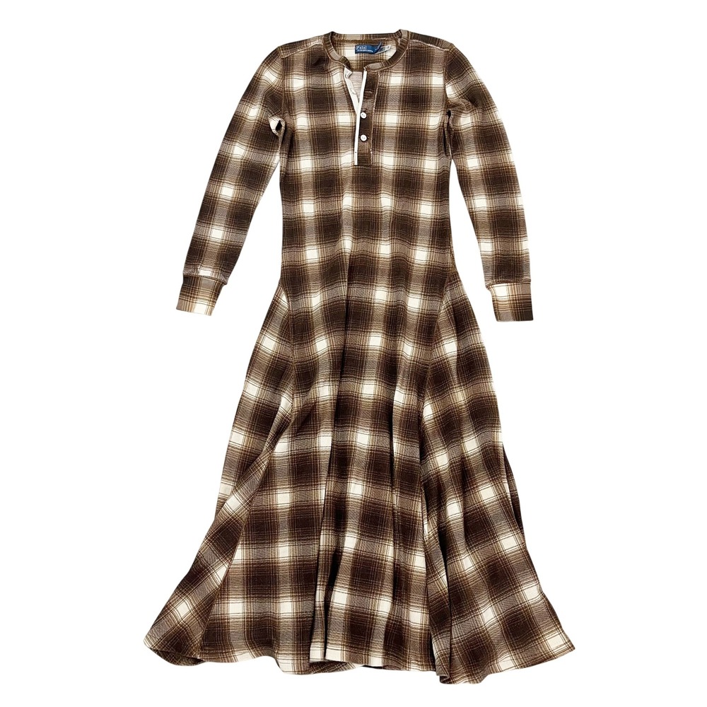 Polo Ralph Lauren Brown Plaid Thermal Henley Maxi Dress Long Sleeve Cotton MED